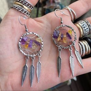 Citrine & amethyst dream catcher dangly earrings